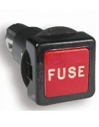 FUSE HOLDER - SQUARE, Panel mount, square face, quick inspection style, spring loaded fuse holder. Suits 32mm x 6mm glass fuses. Black frame, red cap marked 'FUSE' in white. 12/24 volt, 10 amp maximum. 